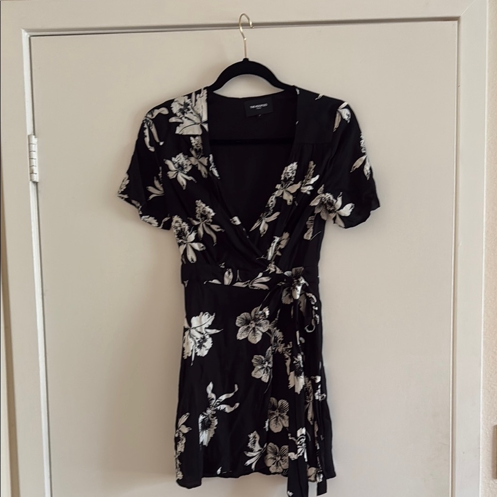 The Kooples Black and White Flutter Sleeve Wrap Mini Dress
